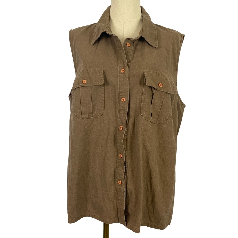⭐ 3/$15 Massini Linen Blend Brown Size 20W Collared Button Up Tank Top Shirt